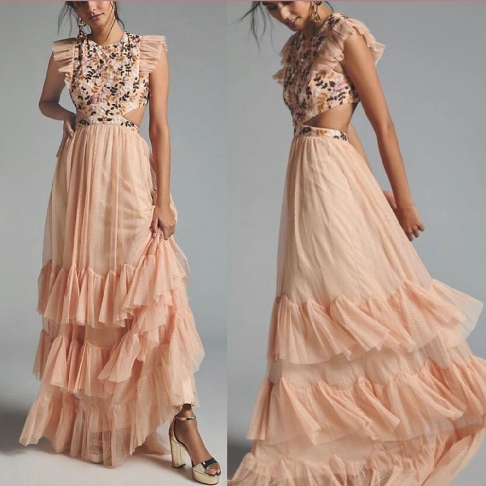 Max Duggal at Anthropologie long each dress with floral beaded top, cut out back
